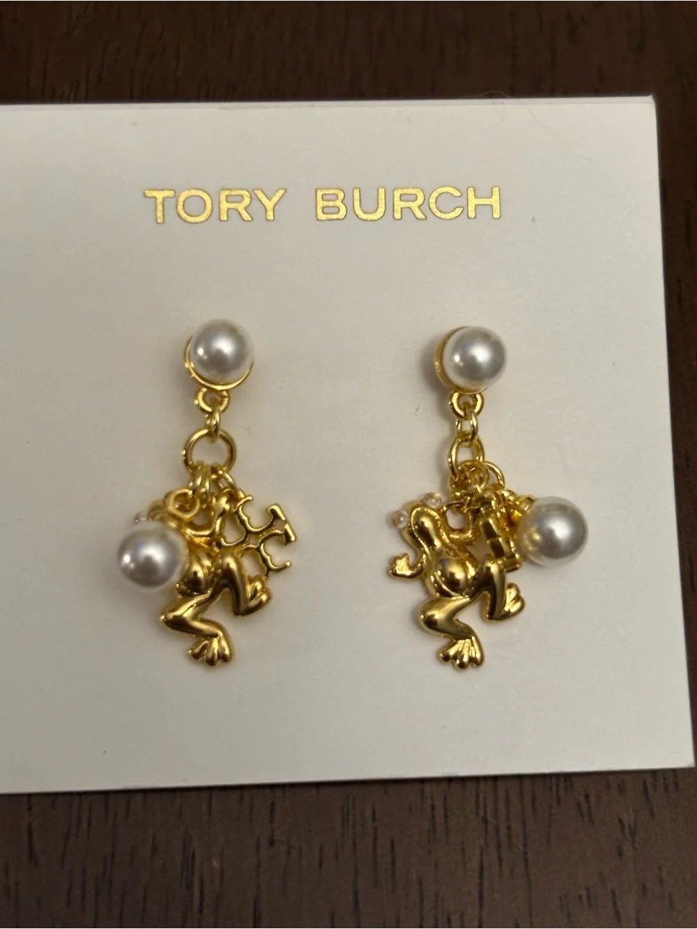 Brand new Tory Burch Gold plated Frog Drop Earrings with White Pearls